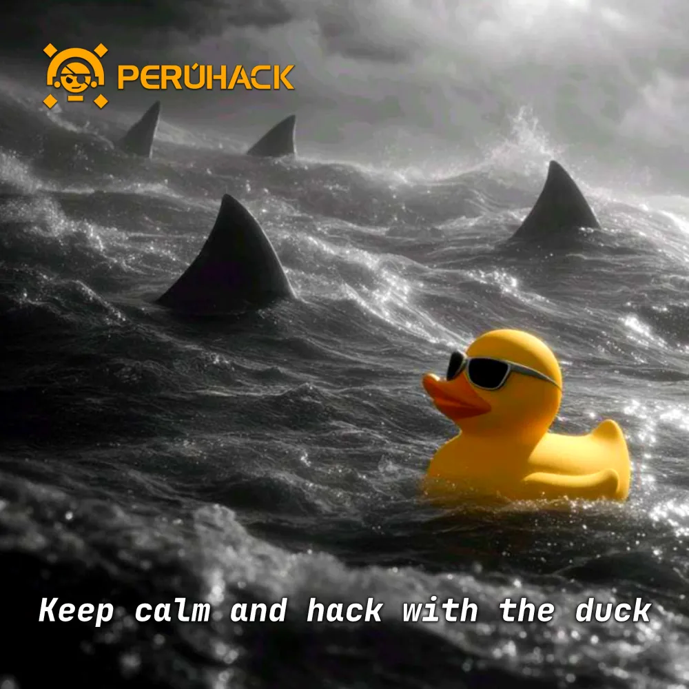 La mascota de PERÚHACK: un pato de goma con lentes oscuros flotando tranquilo entre tiburones